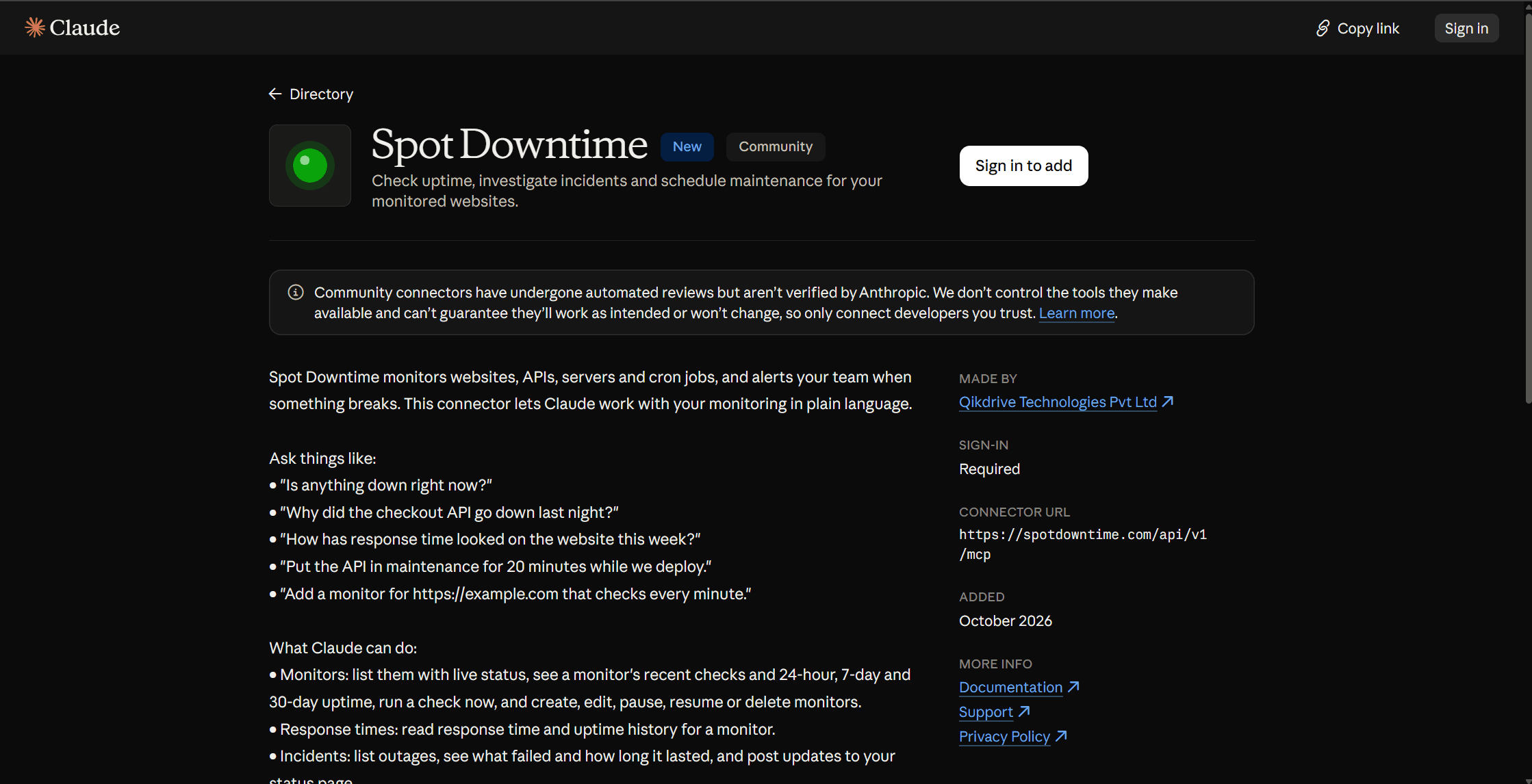 The Spot Downtime listing in Claude's connectors directory: a Community connector by Qikdrive Technologies Pvt Ltd, with a Sign in to add button, example prompts and the connector URL https://spotdowntime.com/api/v1/mcp.